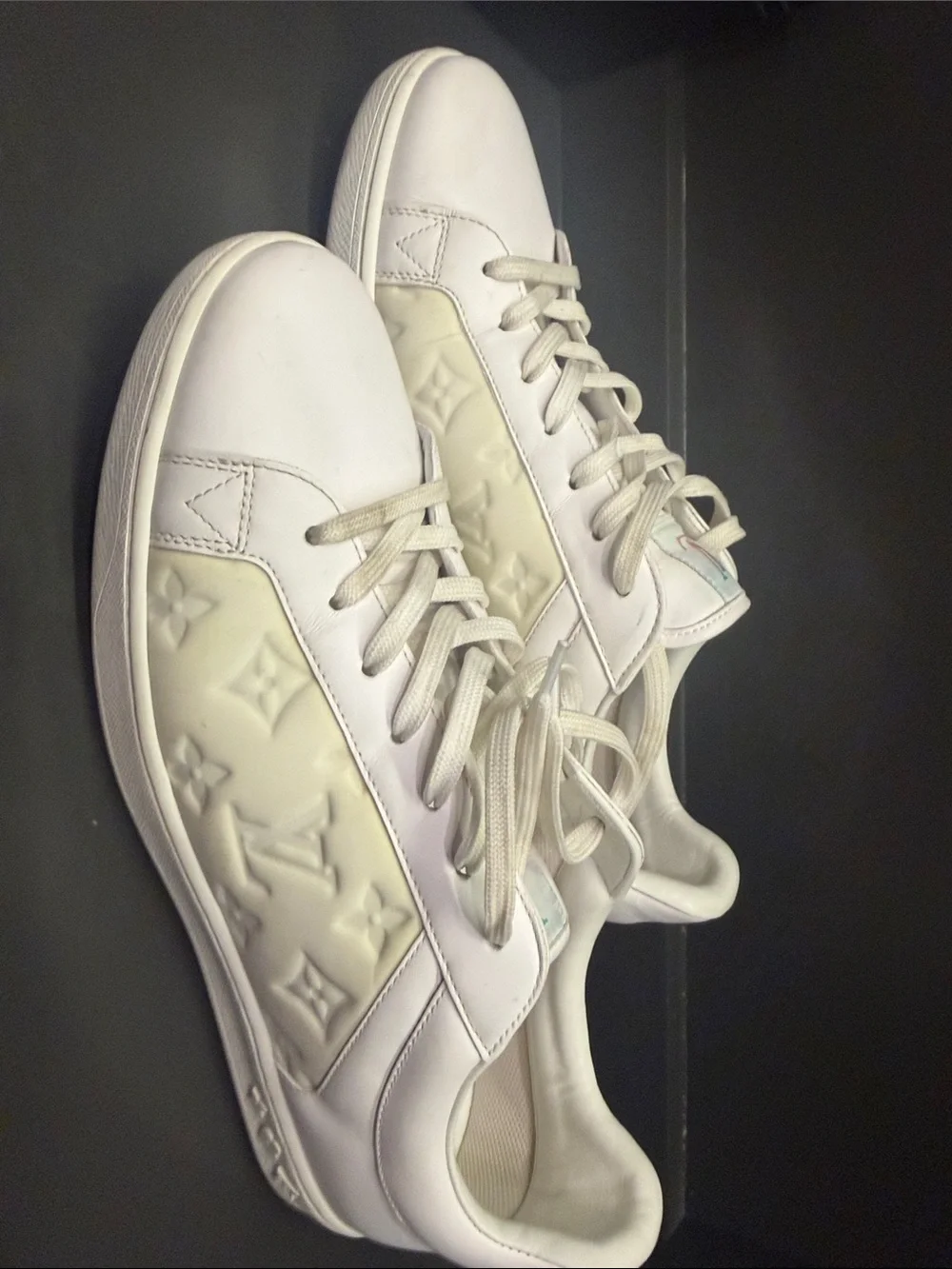 Louis Vuitton White Leather Monogram Low-Top Sneakers with Pastel Logo